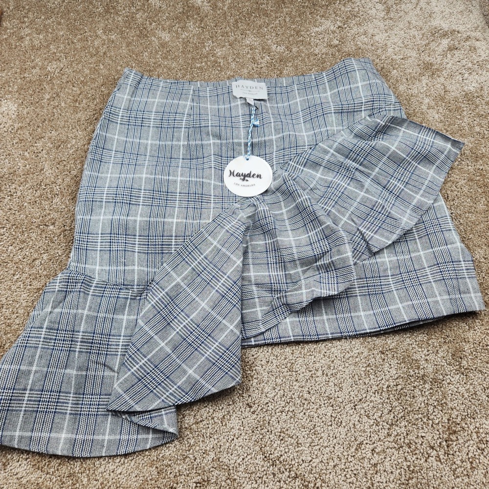 Hayden Los Angeles Grey‎ Blue Glen Plaid Asymmetrical Ruffle Mini Skirt L H5856